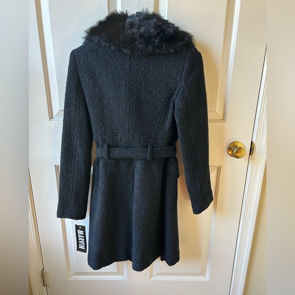 Marvin Richards Black Wool Boucle Belted Faux Fur Collar Coat M (runs small) - Picture 3 of 11